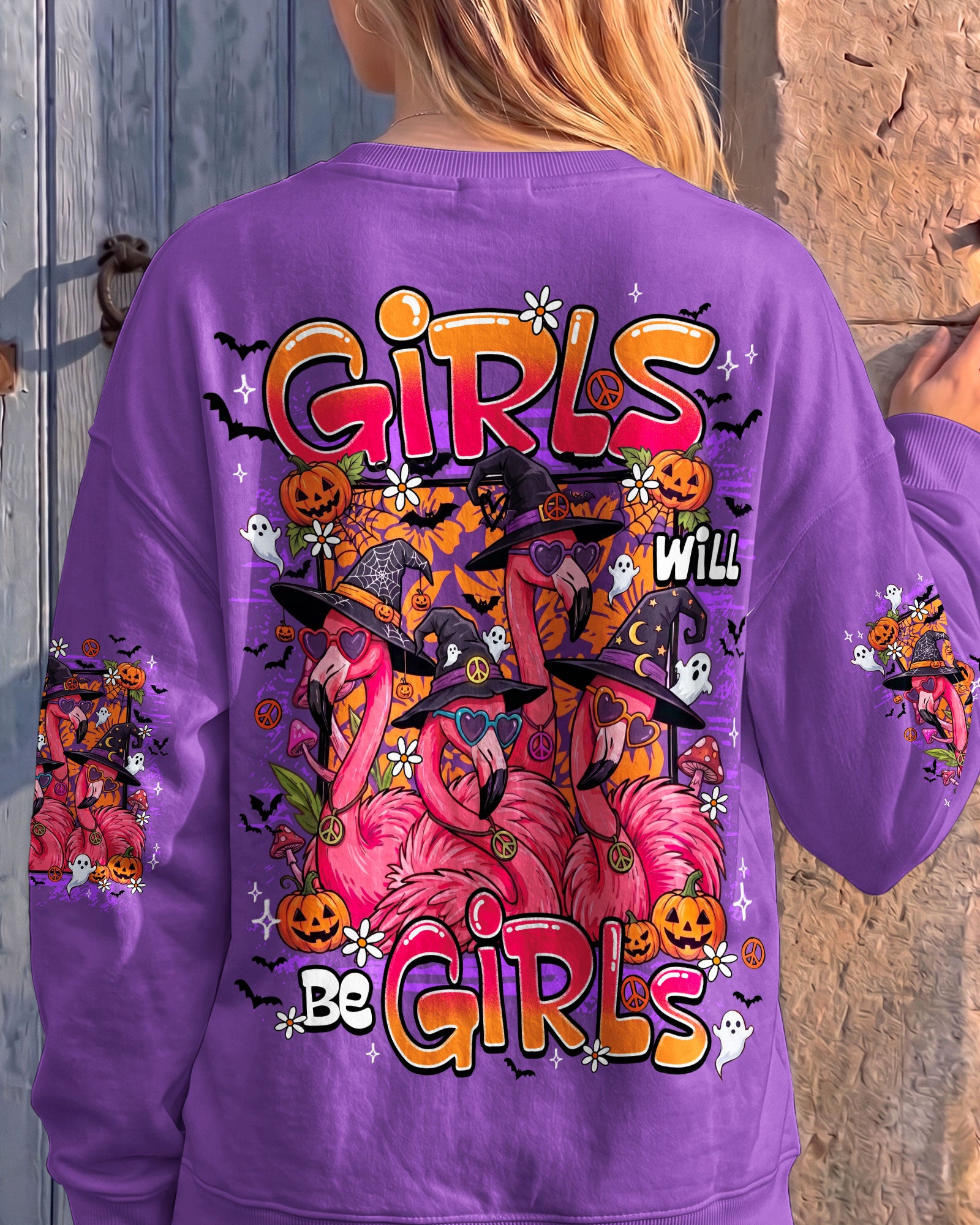 GIRLS WILL BE GIRLS FLAMINGO WITCH HALLOWEEN ALL OVER PRINT