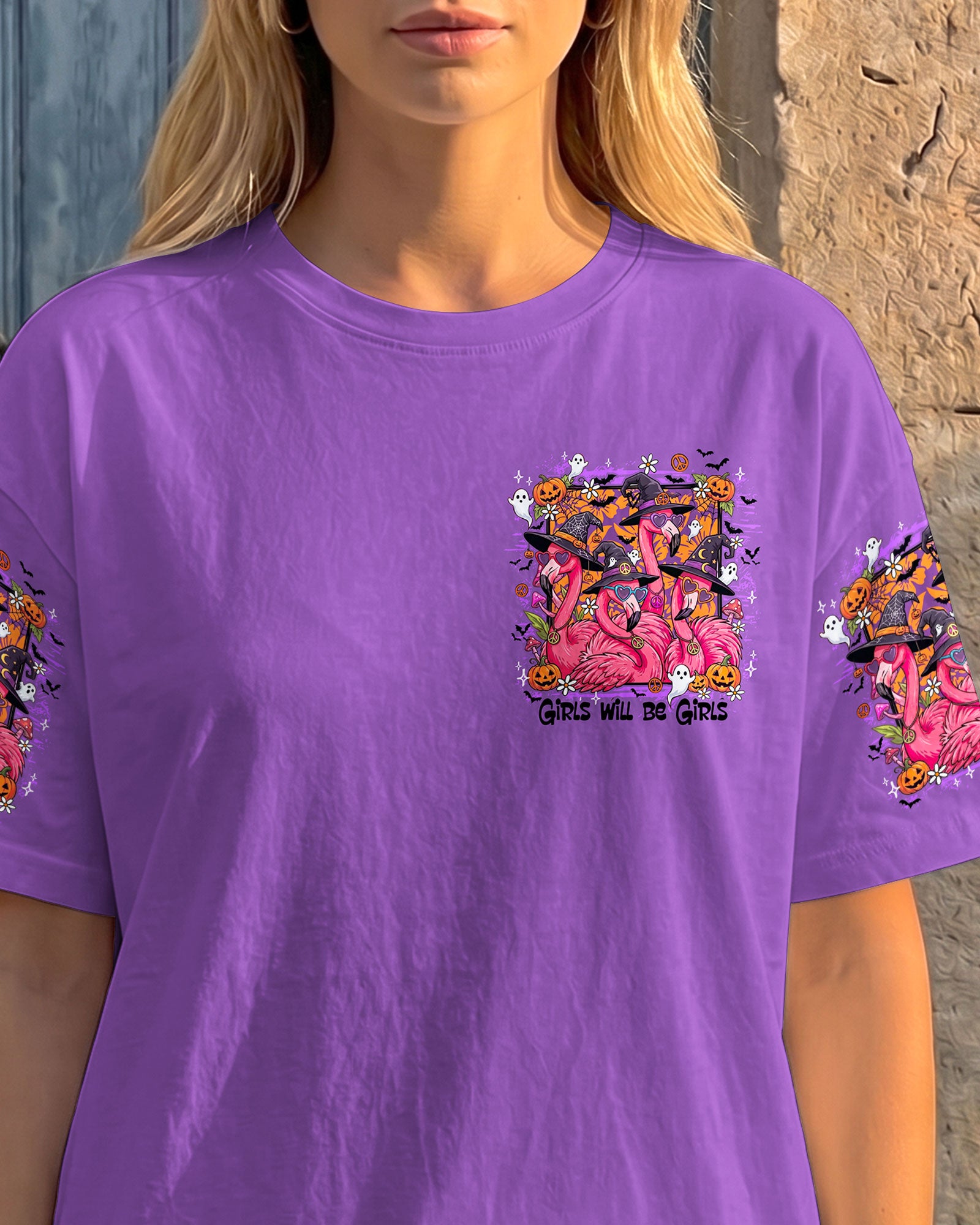 GIRLS WILL BE GIRLS FLAMINGO WITCH HALLOWEEN ALL OVER PRINT
