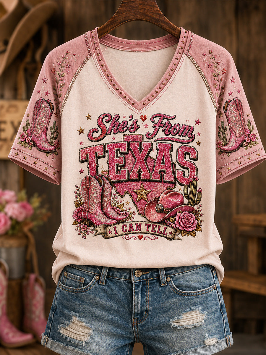 Women's She's From Texas I Can Tell Print Casual V-Neck Tee