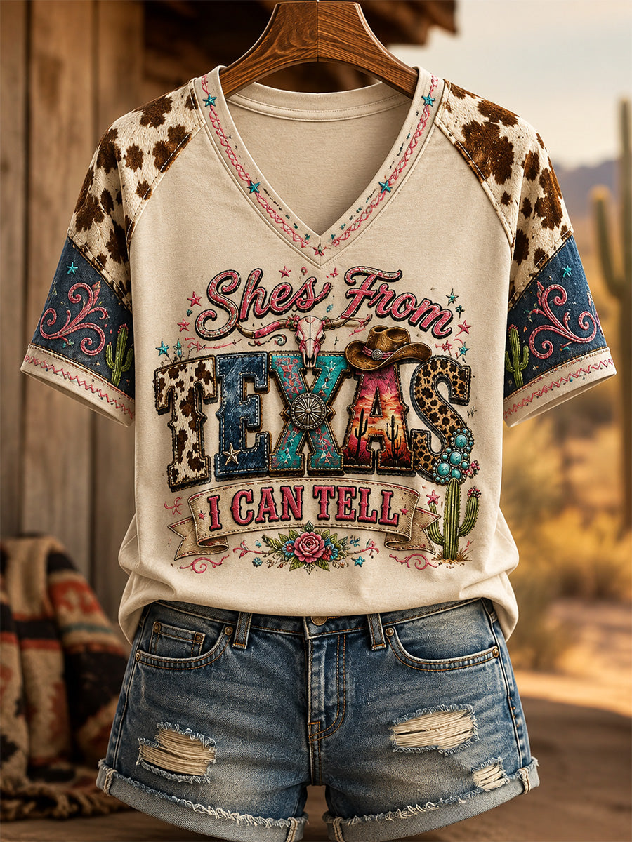 Women's She's From Texas I Can Tell Print Casual V-Neck Tee