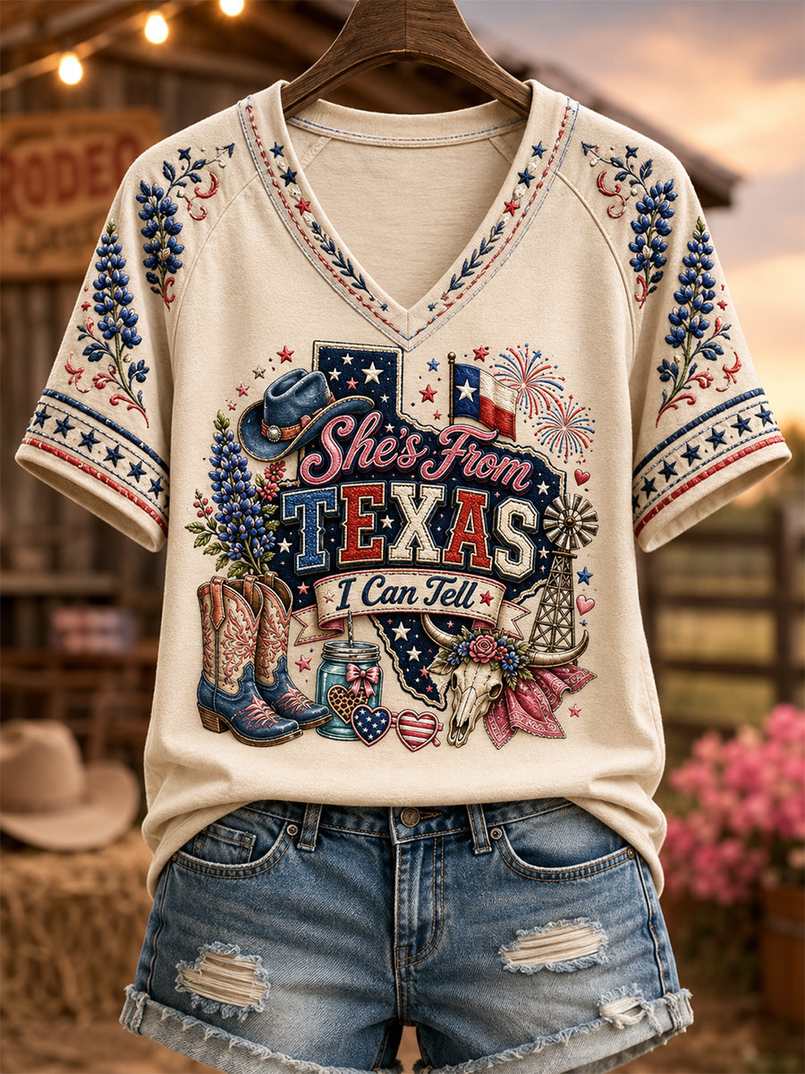 Women's She's From Texas I Can Tell Print Casual V-Neck Tee