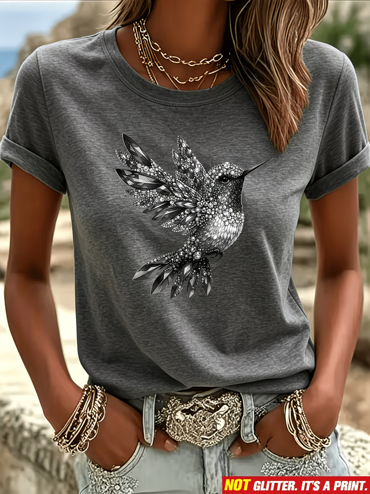 ⏰ Letzter Tag: 50% Rabatt! 🔥-Damen T-Shirt mit Kolibri-Print in Schmuckstein-Optik