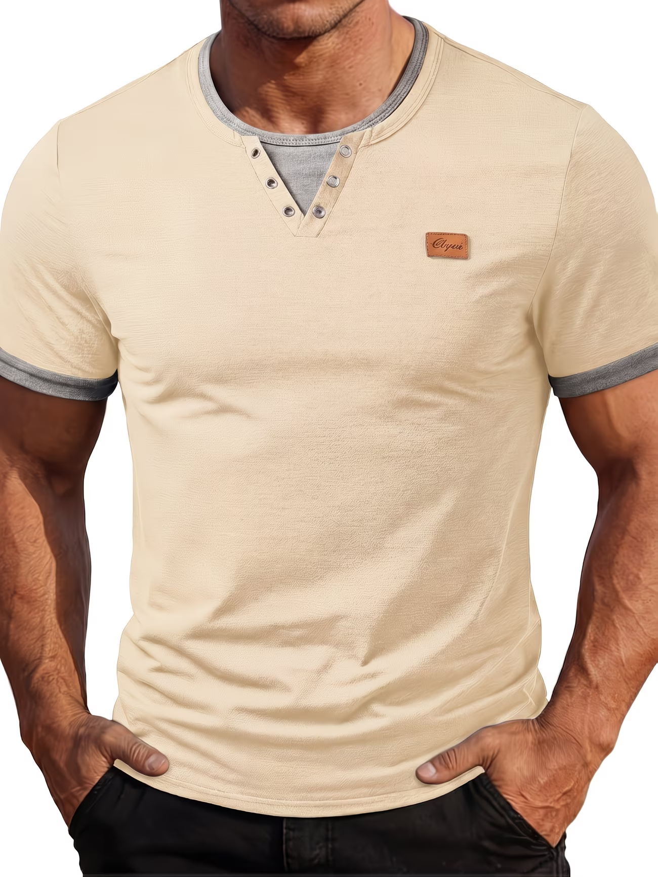 ⏰ Letzter Tag: 50% Rabatt! 🔥-Herren Henley Slim Fit Kurzarmshirt mit Leder-Patch