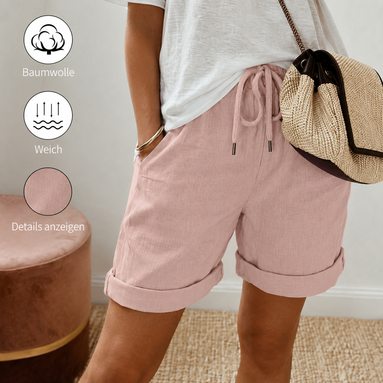 Damen Freizeitshorts aus Baumwolle mit Kordelzug und Taschen