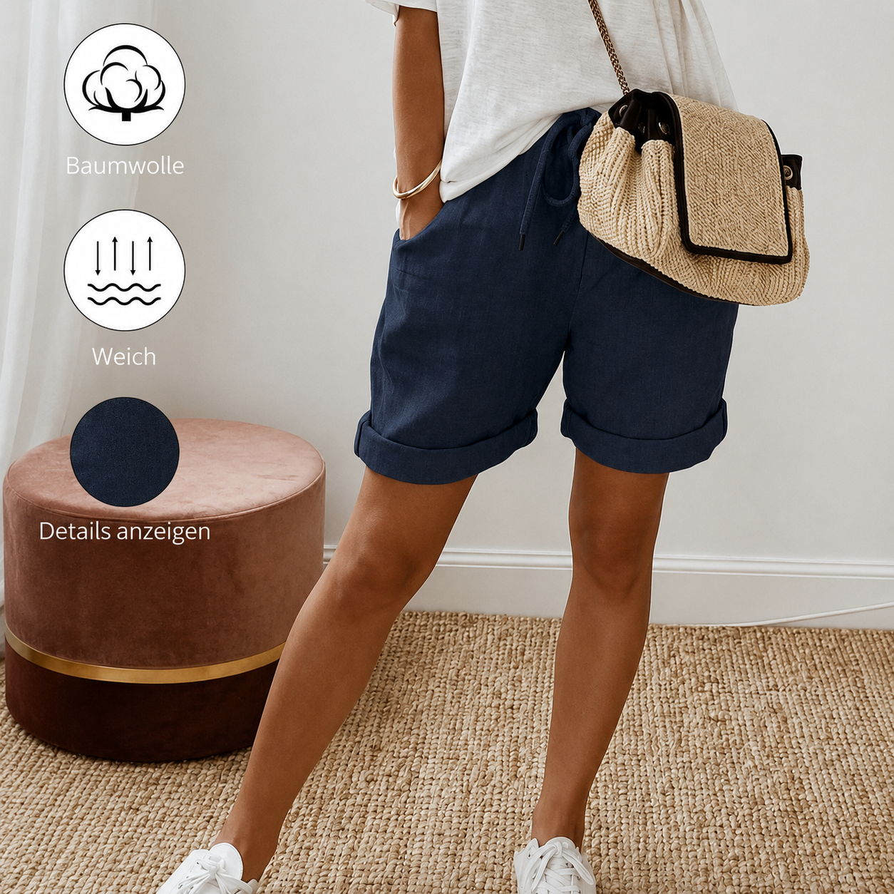 Damen Freizeitshorts aus Baumwolle mit Kordelzug und Taschen