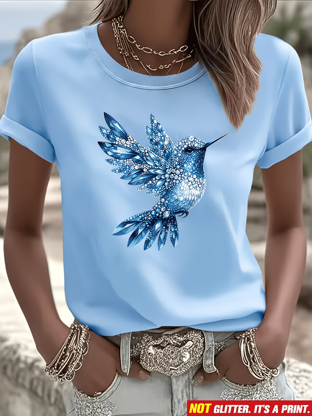 ⏰ Letzter Tag: 50% Rabatt! 🔥-Damen T-Shirt mit Kolibri-Print in Schmuckstein-Optik