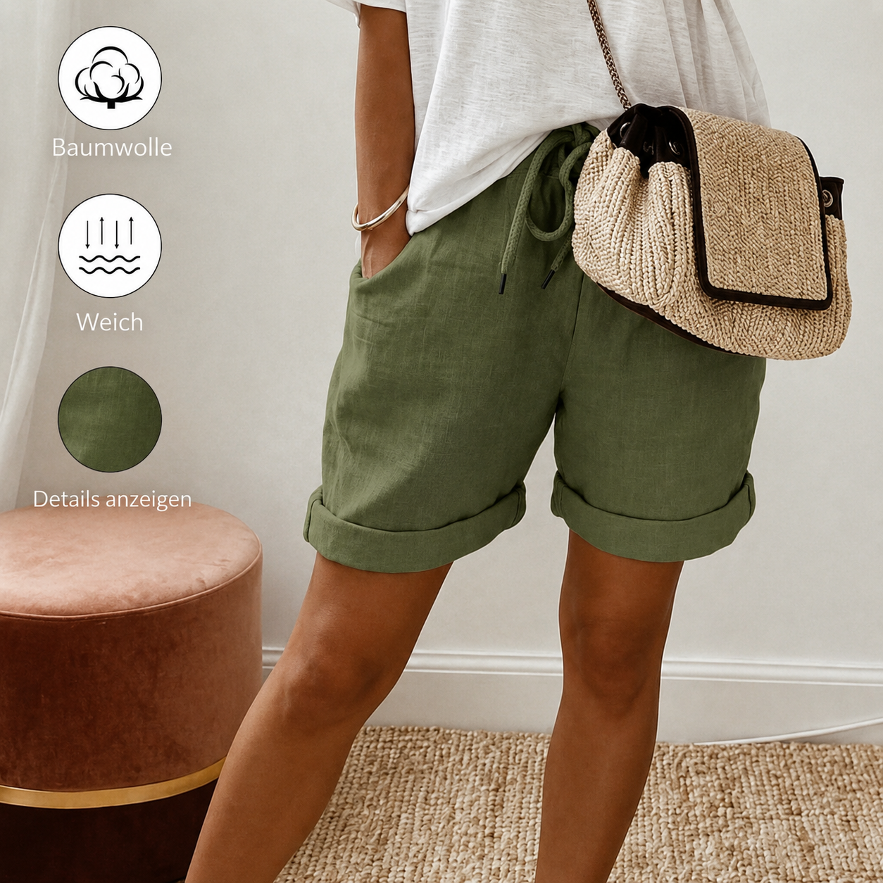 Damen Freizeitshorts aus Baumwolle mit Kordelzug und Taschen