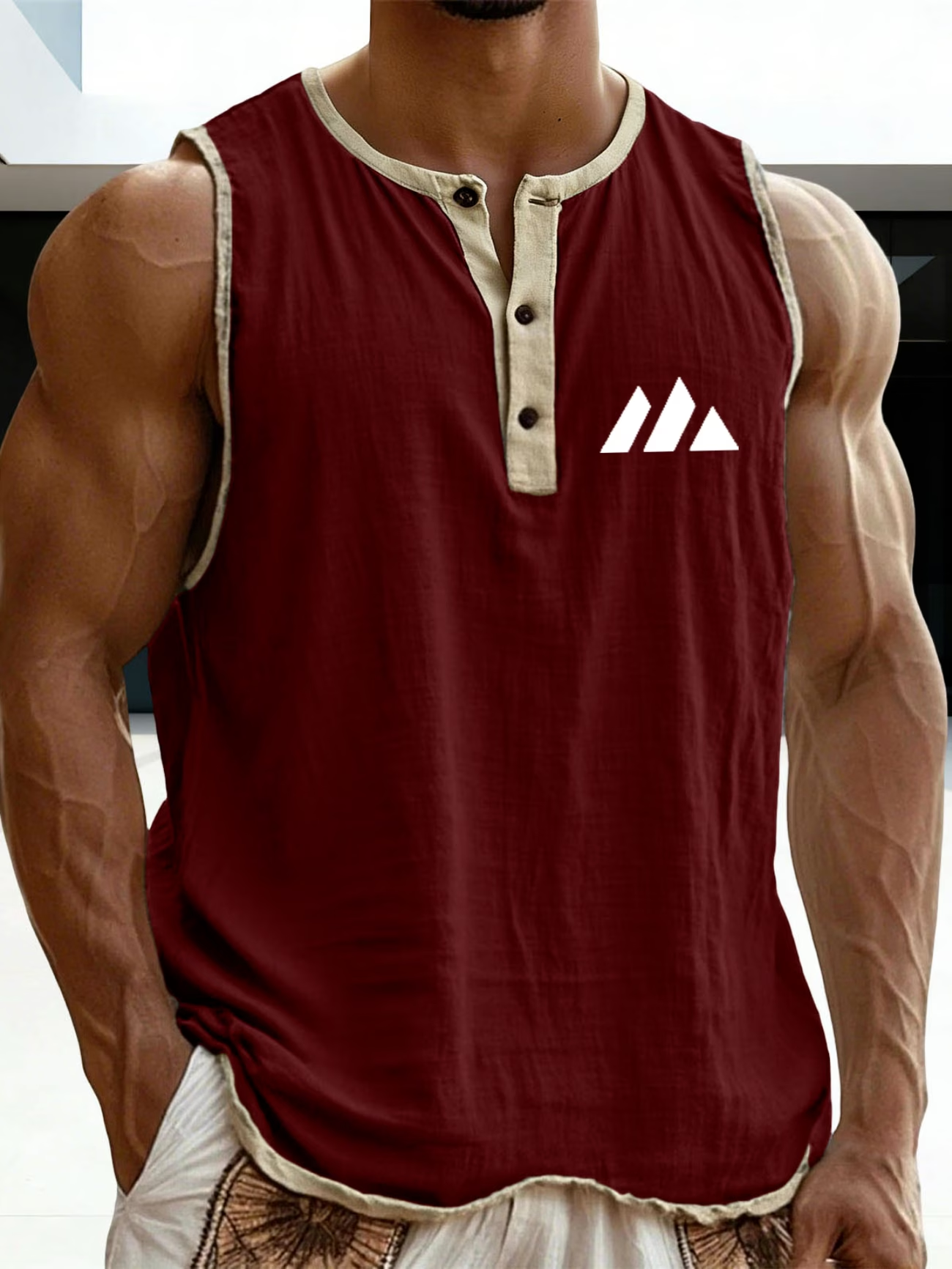 Herren Ärmelloses Henley Tanktop im lässigen Leinenlook