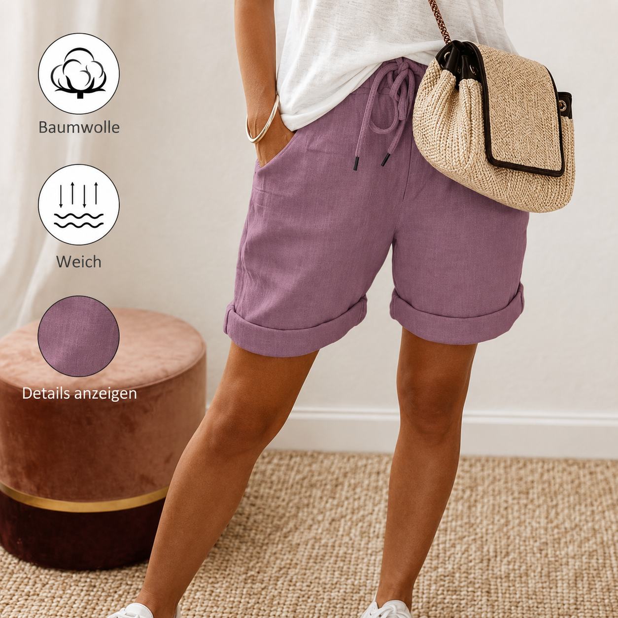 Damen Freizeitshorts aus Baumwolle mit Kordelzug und Taschen