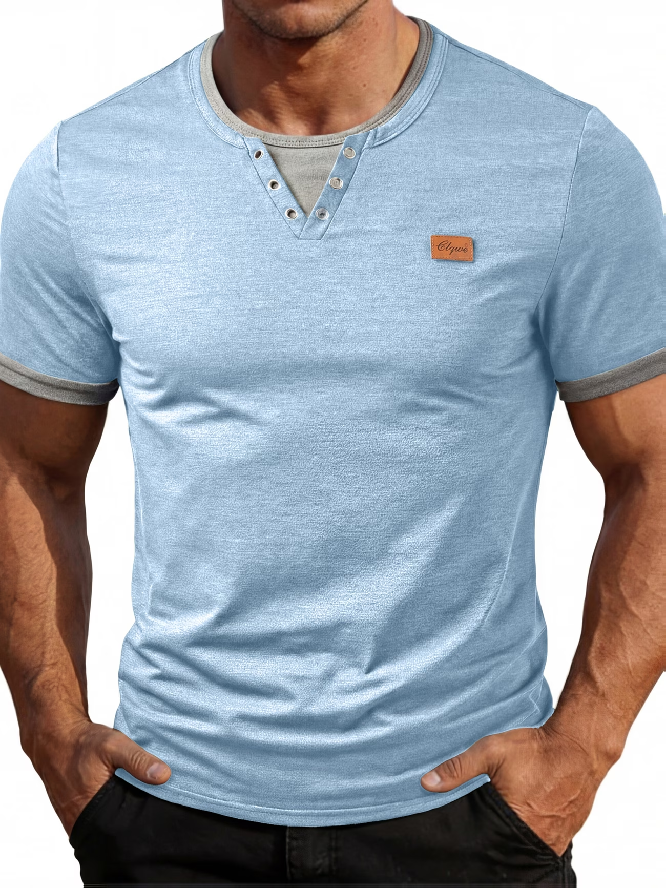 ⏰ Letzter Tag: 50% Rabatt! 🔥-Herren Henley Slim Fit Kurzarmshirt mit Leder-Patch