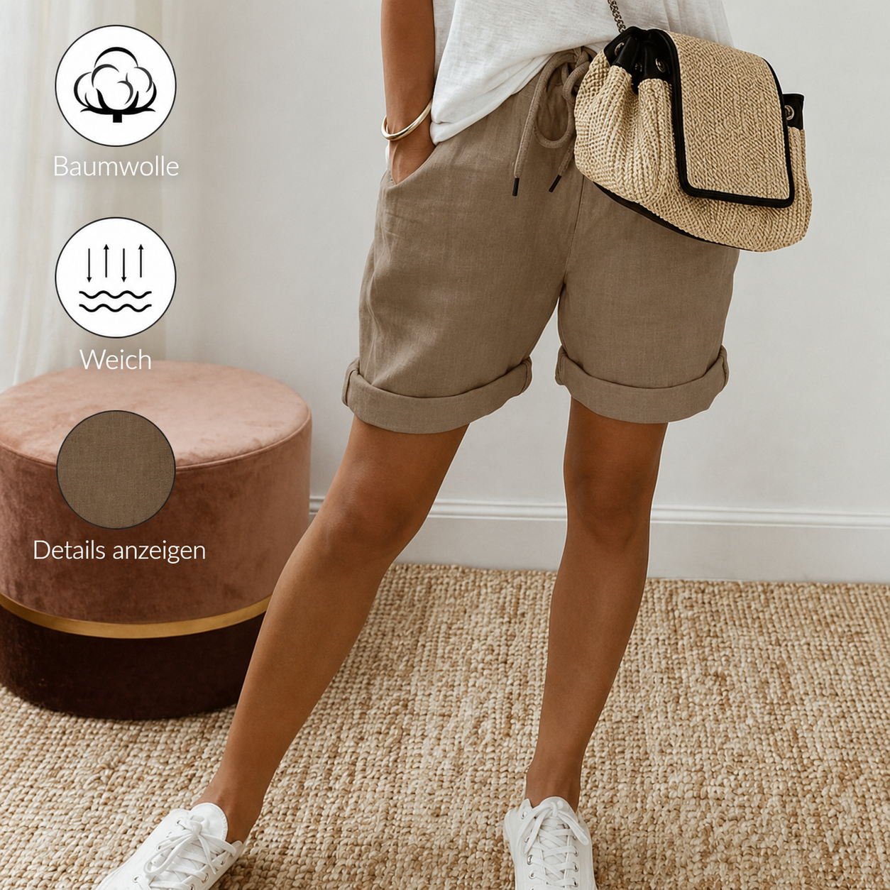 Damen Freizeitshorts aus Baumwolle mit Kordelzug und Taschen