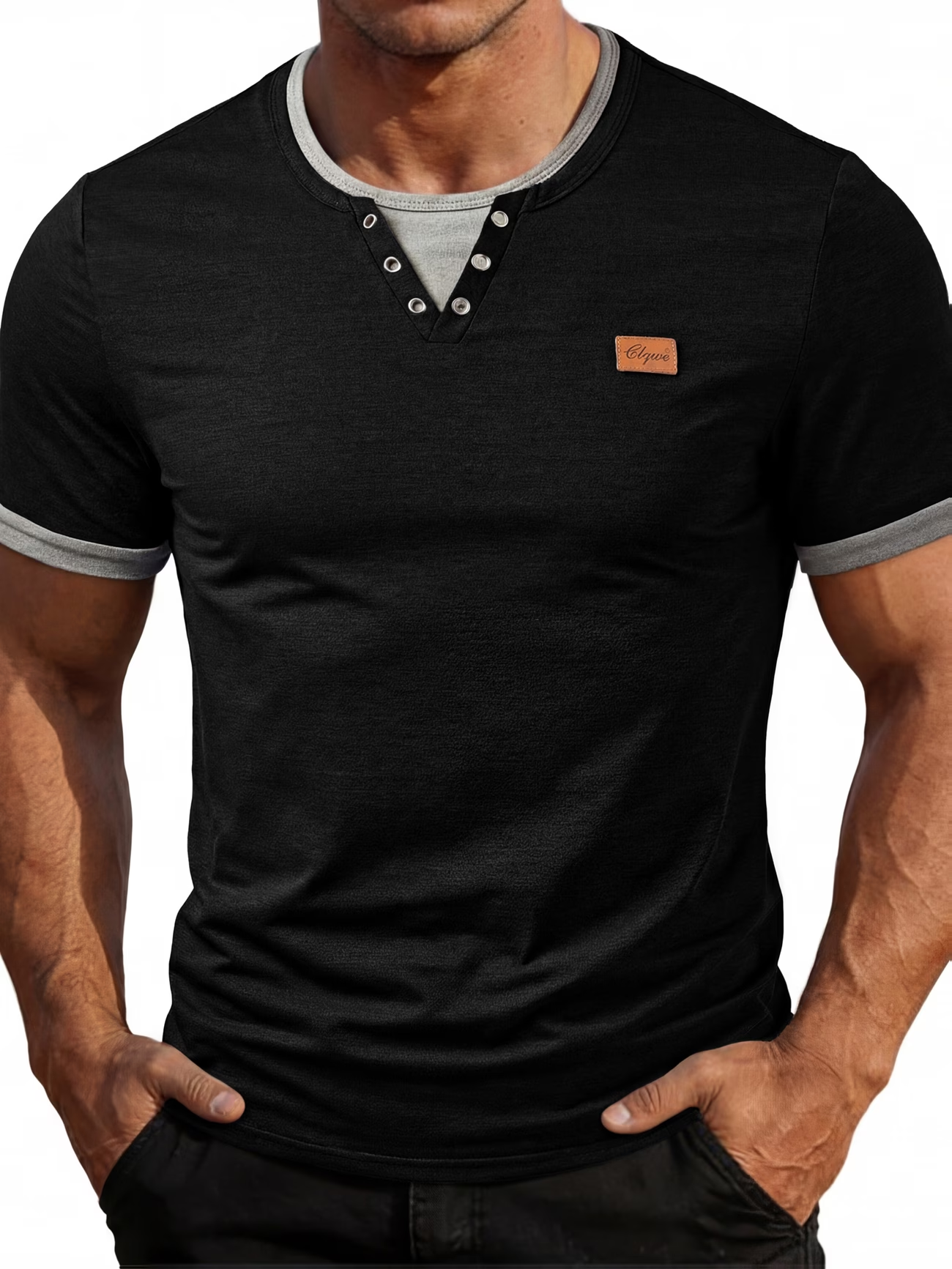 ⏰ Letzter Tag: 50% Rabatt! 🔥-Herren Henley Slim Fit Kurzarmshirt mit Leder-Patch