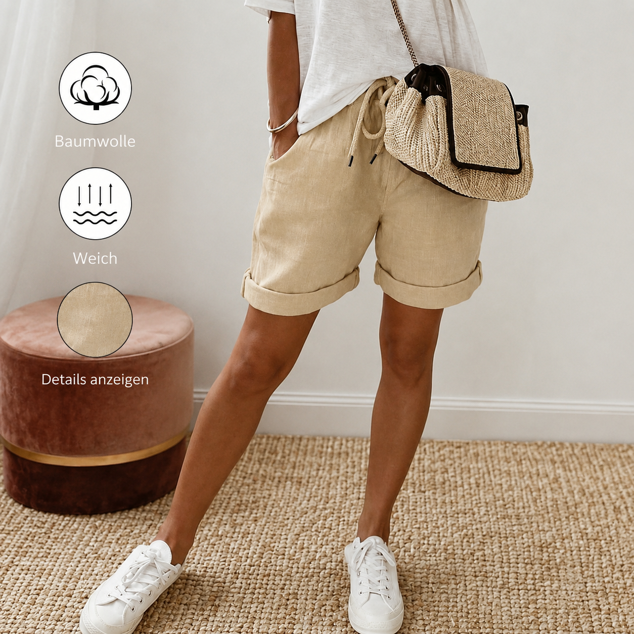 Damen Freizeitshorts aus Baumwolle mit Kordelzug und Taschen
