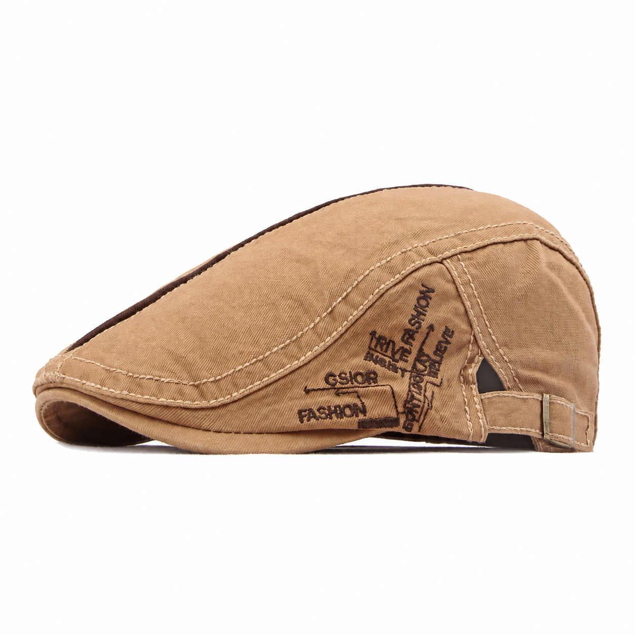 Vintage Herren Schiebermütze in Sand mit seitlicher Stickerei und verstellbarem Riemen