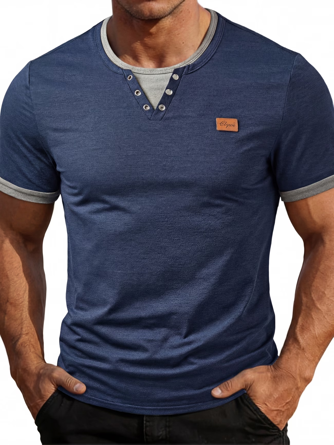 ⏰ Letzter Tag: 50% Rabatt! 🔥-Herren Henley Slim Fit Kurzarmshirt mit Leder-Patch