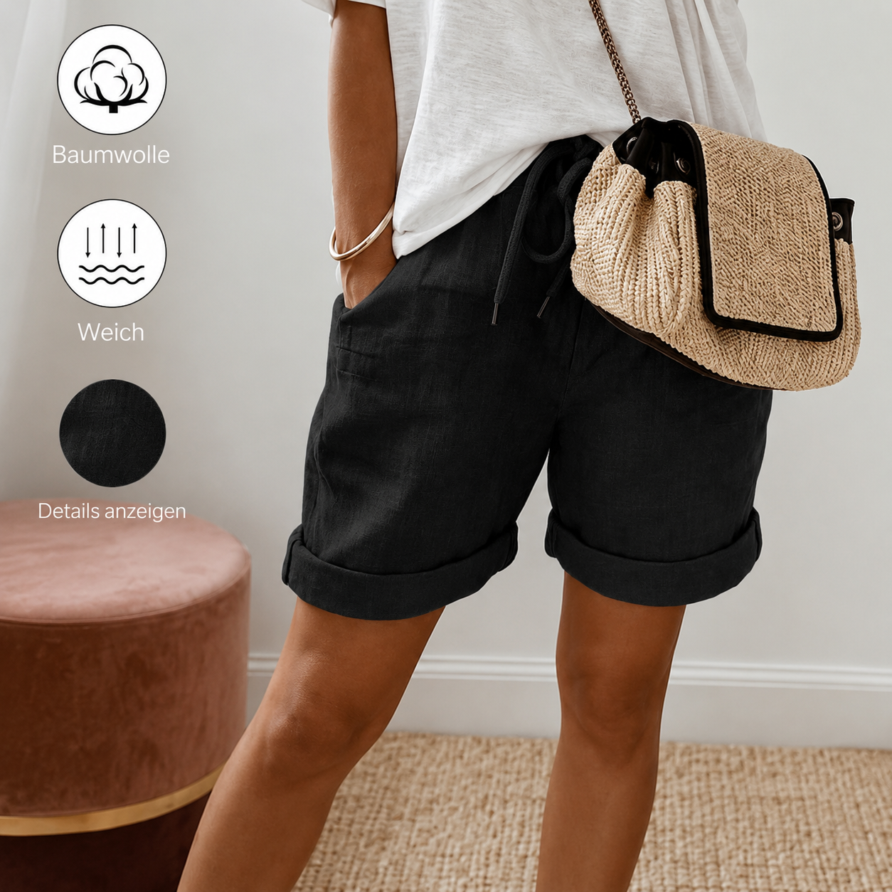 Damen Freizeitshorts aus Baumwolle mit Kordelzug und Taschen