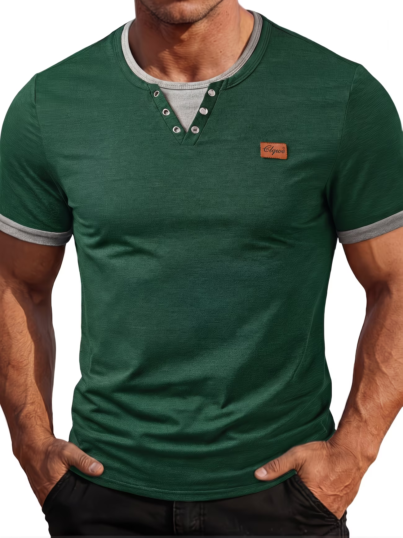 ⏰ Letzter Tag: 50% Rabatt! 🔥-Herren Henley Slim Fit Kurzarmshirt mit Leder-Patch