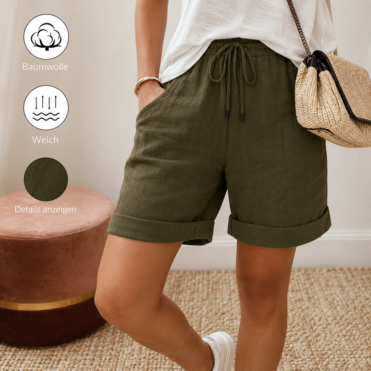 Damen Freizeitshorts aus Baumwolle mit Kordelzug und Taschen