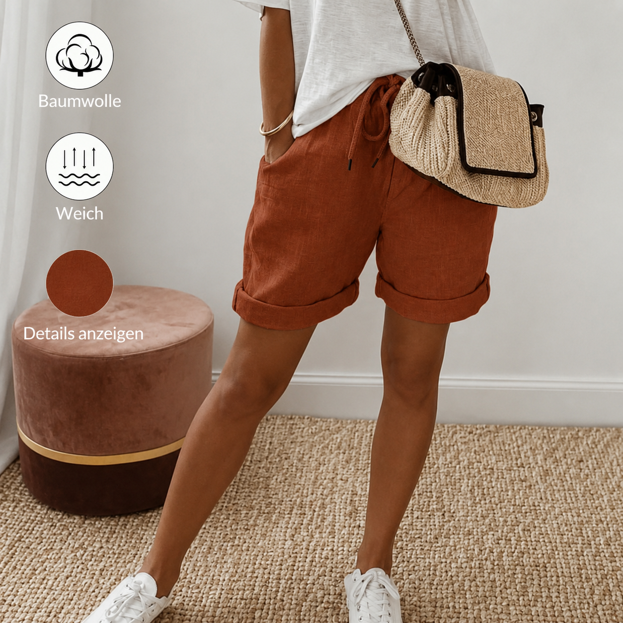 Damen Freizeitshorts aus Baumwolle mit Kordelzug und Taschen