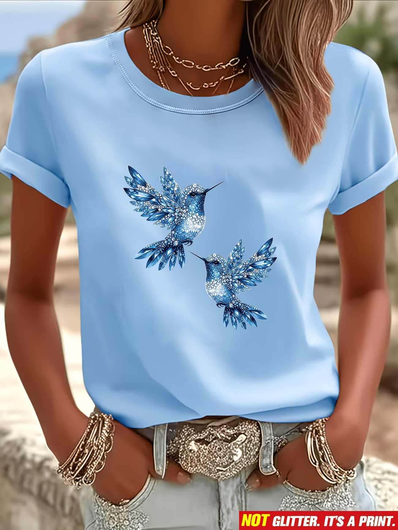 ⏰ Letzter Tag: 50% Rabatt! 🔥-Damen T-Shirt mit Kolibri-Print in Schmuckstein-Optik