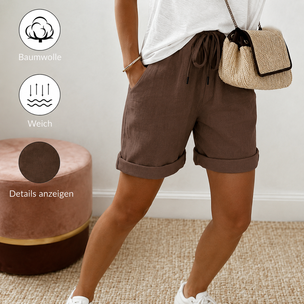 Damen Freizeitshorts aus Baumwolle mit Kordelzug und Taschen