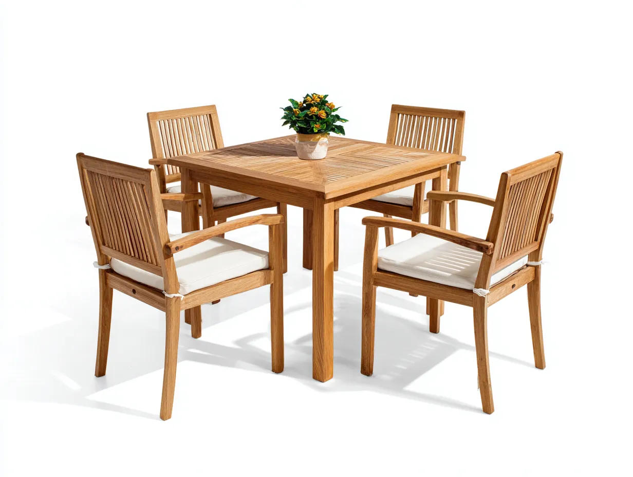 Salon de jardin repas 5 pièces en bois avec coussins 110x110x75 cm bois naturel-blanc cassé pour jardin - style contemporain chaleureux-Urbanlinonest