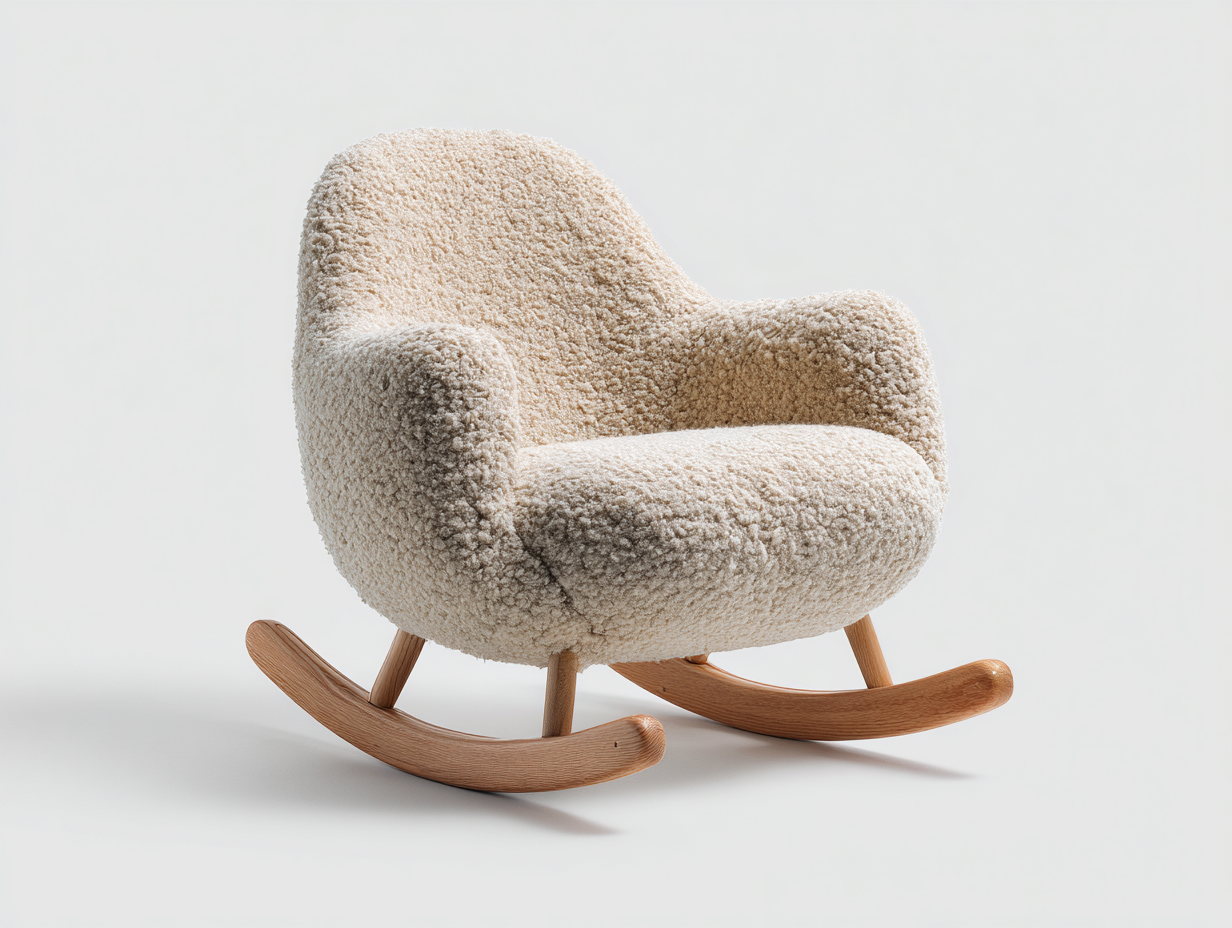 Fauteuil à bascule en tissu bouclé 77x71x89 cm écru pour salon - structure en bois naturel - style scandinave moderne-Urbanlinonest