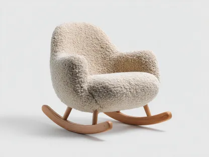 Fauteuil à bascule en tissu bouclé 77x71x89 cm écru pour salon - structure en bois naturel - style scandinave moderne-Urbanlinonest