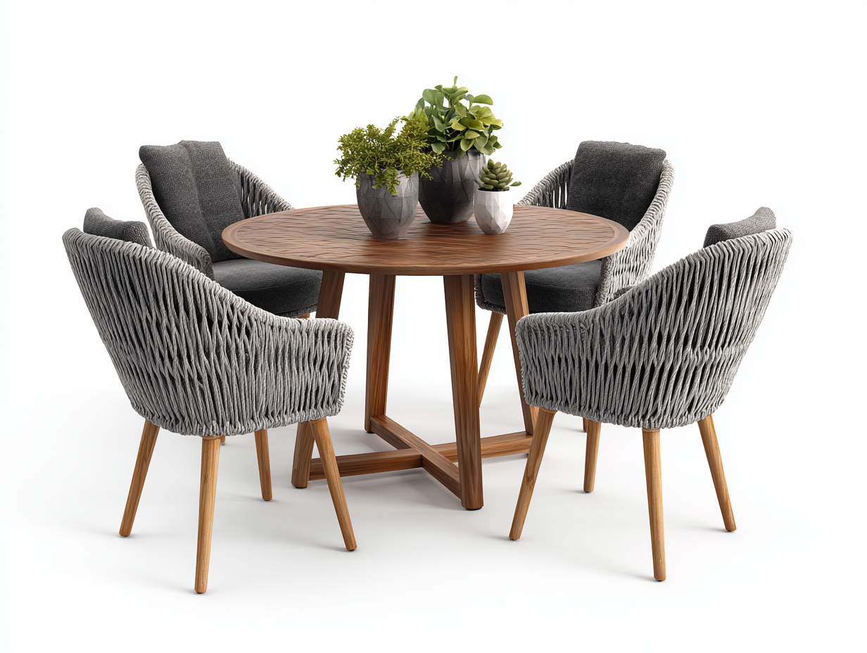 Salon de jardin repas 5 pièces en bois et corde tressée 120x120x75 cm gris clair-bois naturel pour jardin - style contemporain élégant-Urbanlinonest