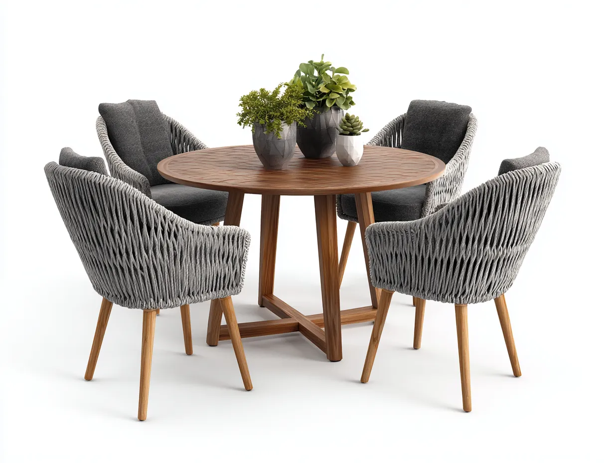 Salon de jardin repas 5 pièces en bois et corde tressée 120x120x75 cm gris clair-bois naturel pour jardin - style contemporain élégant-Urbanlinonest