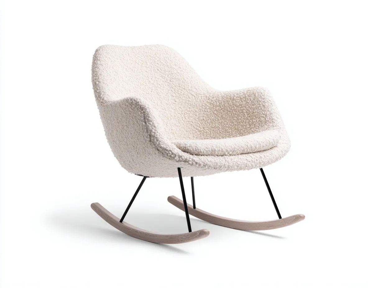 Fauteuil à bascule en tissu bouclé 78x69x91 cm écru pour salon - base mixte métal noir et bois clair - style moderne scandinave-Urbanlinonest