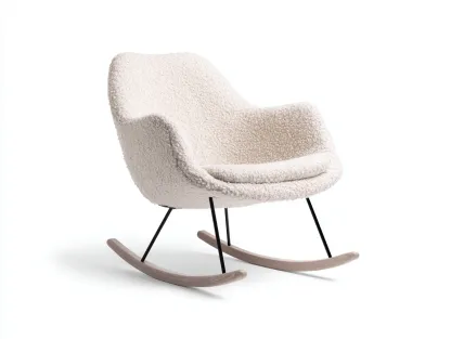 Fauteuil à bascule en tissu bouclé 78x69x91 cm écru pour salon - base mixte métal noir et bois clair - style moderne scandinave-Urbanlinonest