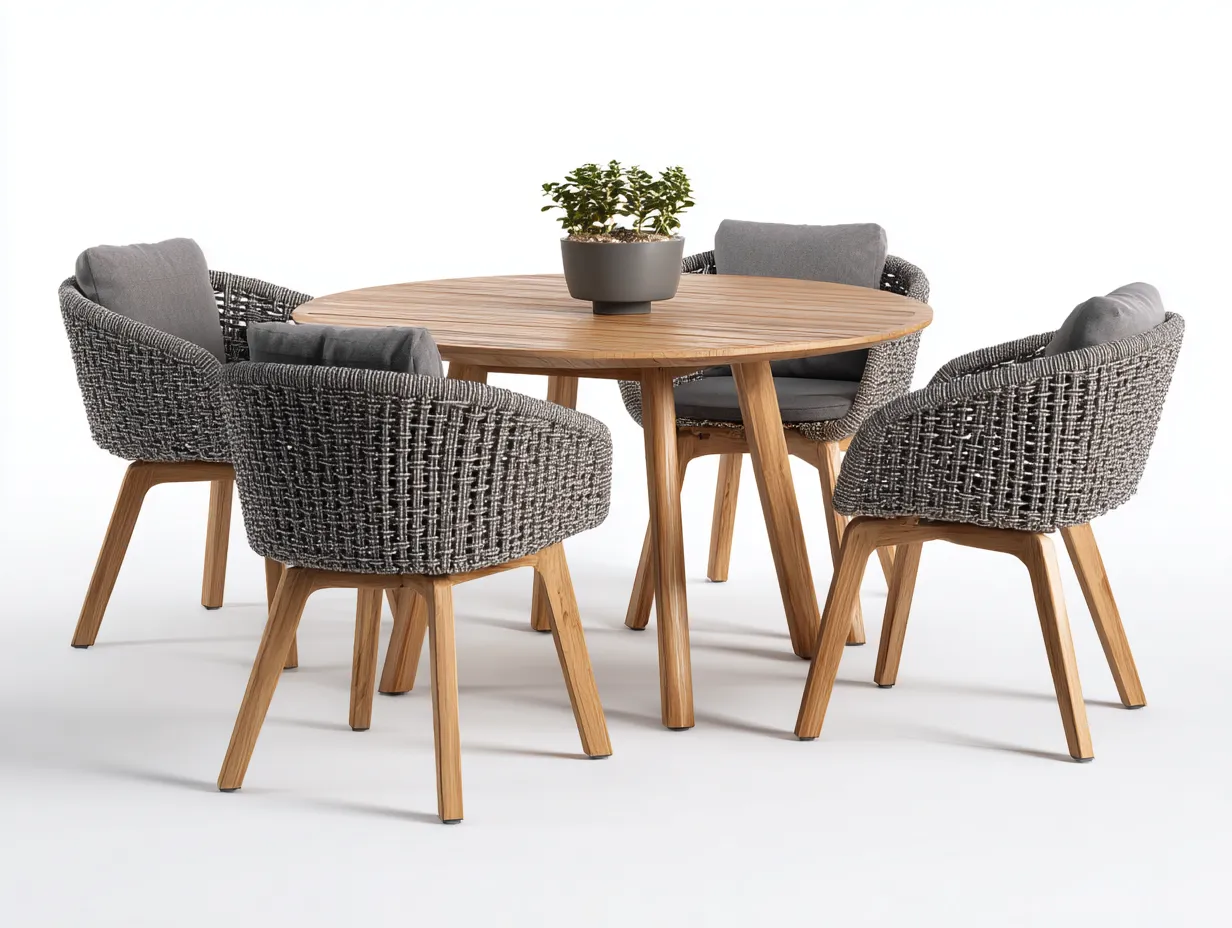 Salon de jardin repas 5 pièces en bois et corde tressée 125x125x75 cm gris foncé-bois naturel pour jardin - style contemporain naturel-Urbanlinonest
