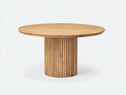 Table de jardin ronde en bois naturel 125x125x75 cm pour extérieur - pied central rainuré - design contemporain-Urbanlinonest
