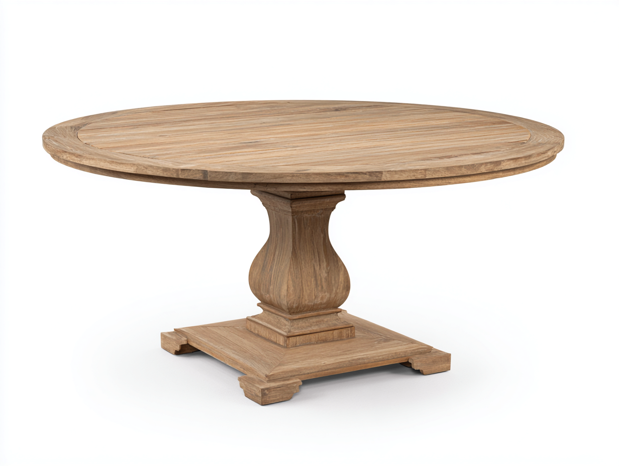 Table de jardin ronde en bois naturel 130x130x76 cm pour extérieur - pied central sculpté - design classique-Urbanlinonest