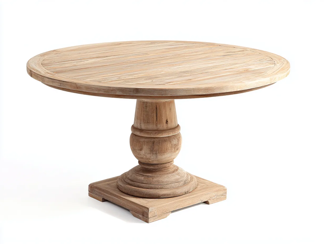 Table de jardin ronde en bois naturel 130x130x76 cm pour extérieur - pied central sculpté - design classique-Urbanlinonest