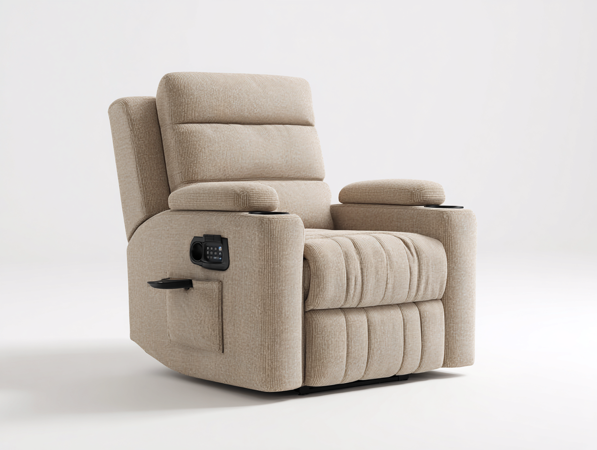 Fauteuil relax tissu texturé 93x102x108 cm - beige - fonction inclinable avec repose-pieds et porte-gobelets pour salon-Urbanlinonest