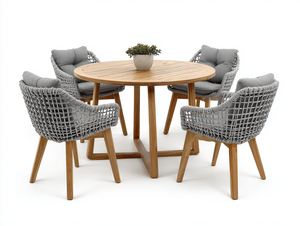 Salon de jardin repas 5 pièces en bois et corde tressée 120x120x75 cm gris clair-bois naturel pour jardin - style contemporain convivial-Urbanlinonest