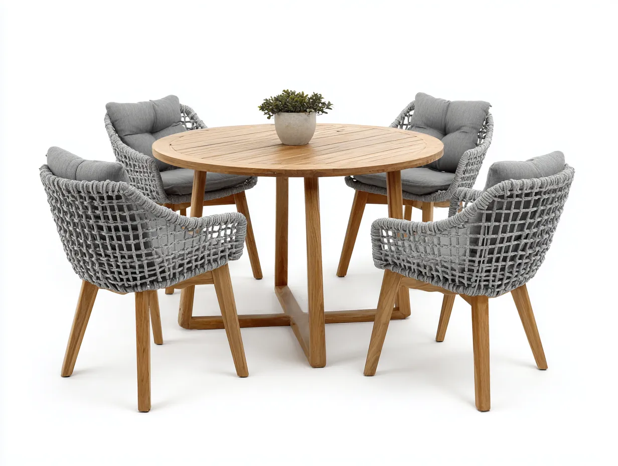 Salon de jardin repas 5 pièces en bois et corde tressée 120x120x75 cm gris clair-bois naturel pour jardin - style contemporain convivial-Urbanlinonest