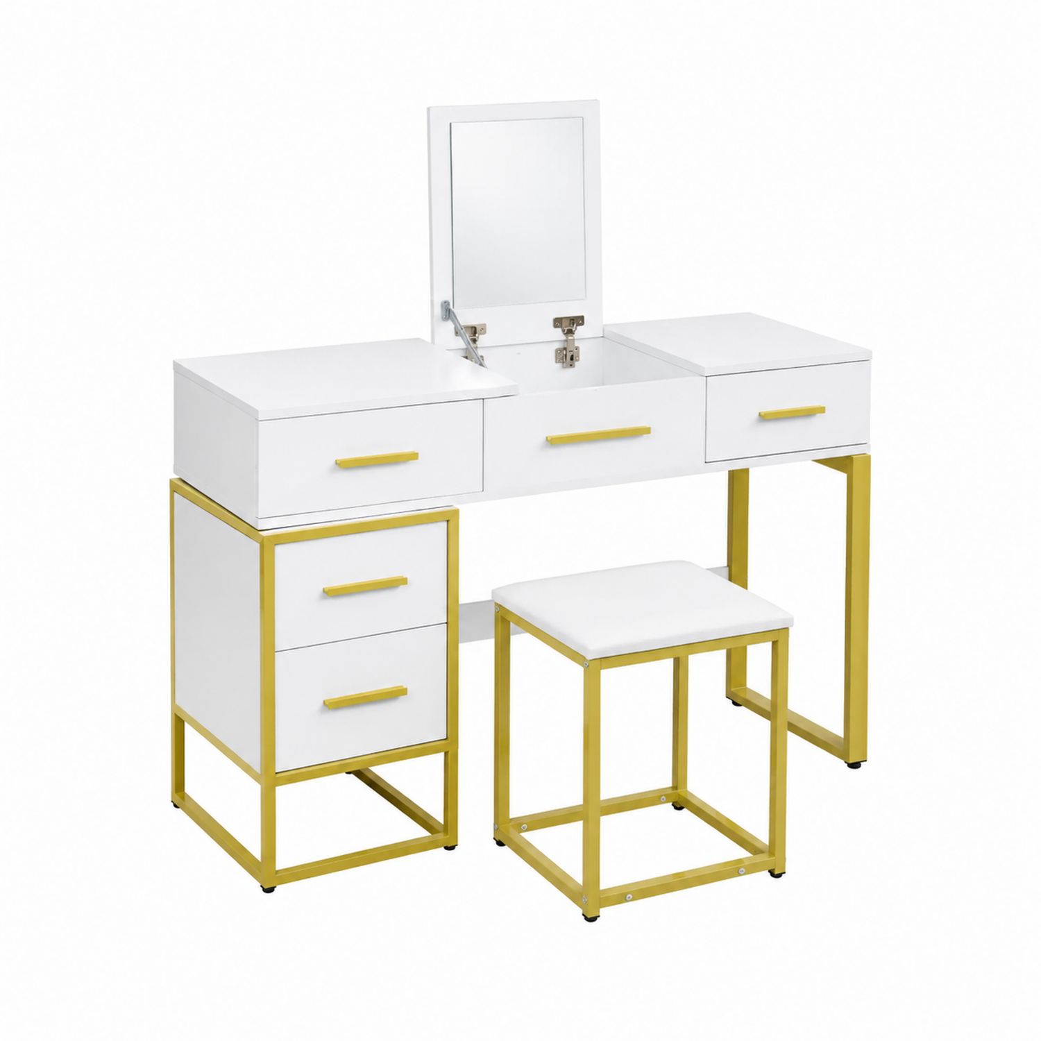 Schminktisch-Set mit MDF und Metall in Weiß und Gold-lorvern