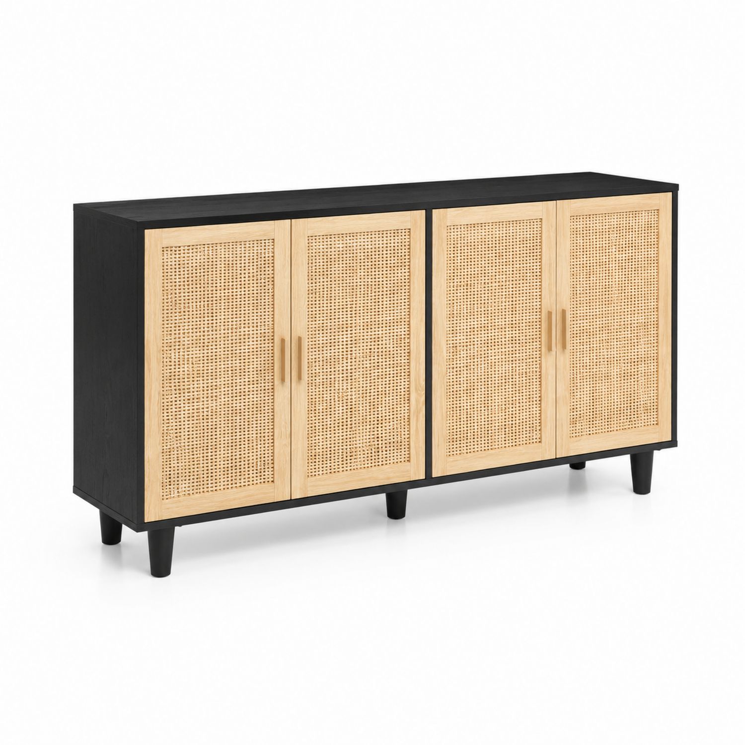 Sideboard aus Holz und Rattan mit 4 Türen, Schwarz/Natur, 160x75x40 cm-lorvern