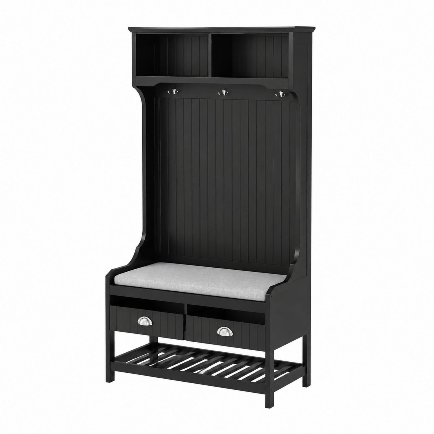 Schwarze Holz-Wandgarderobe mit Bank und Schubladen-lorvern