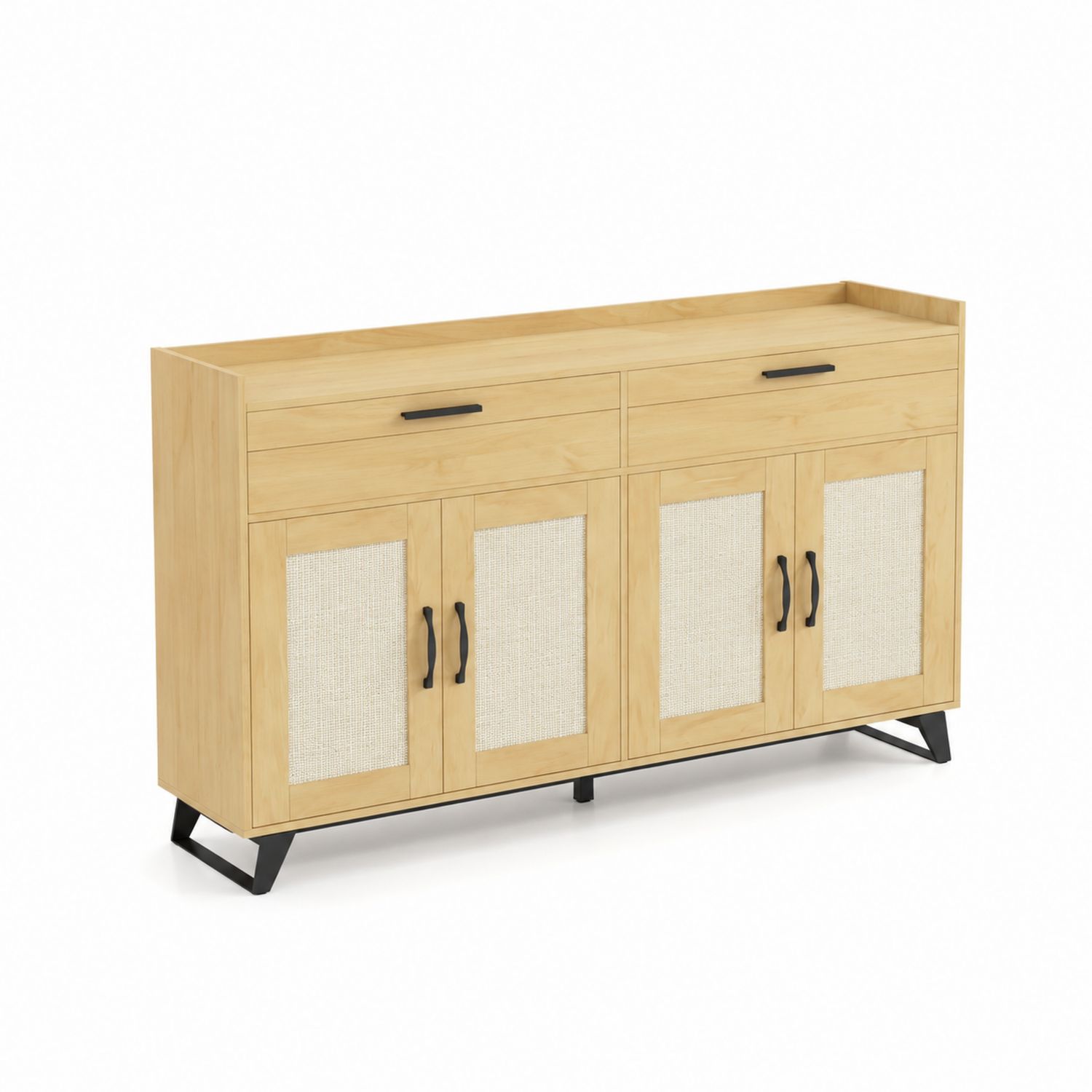 Massivholzkommode mit Rattanpaneelen und Metallsockel, Beige 140x80x40cm-lorvern