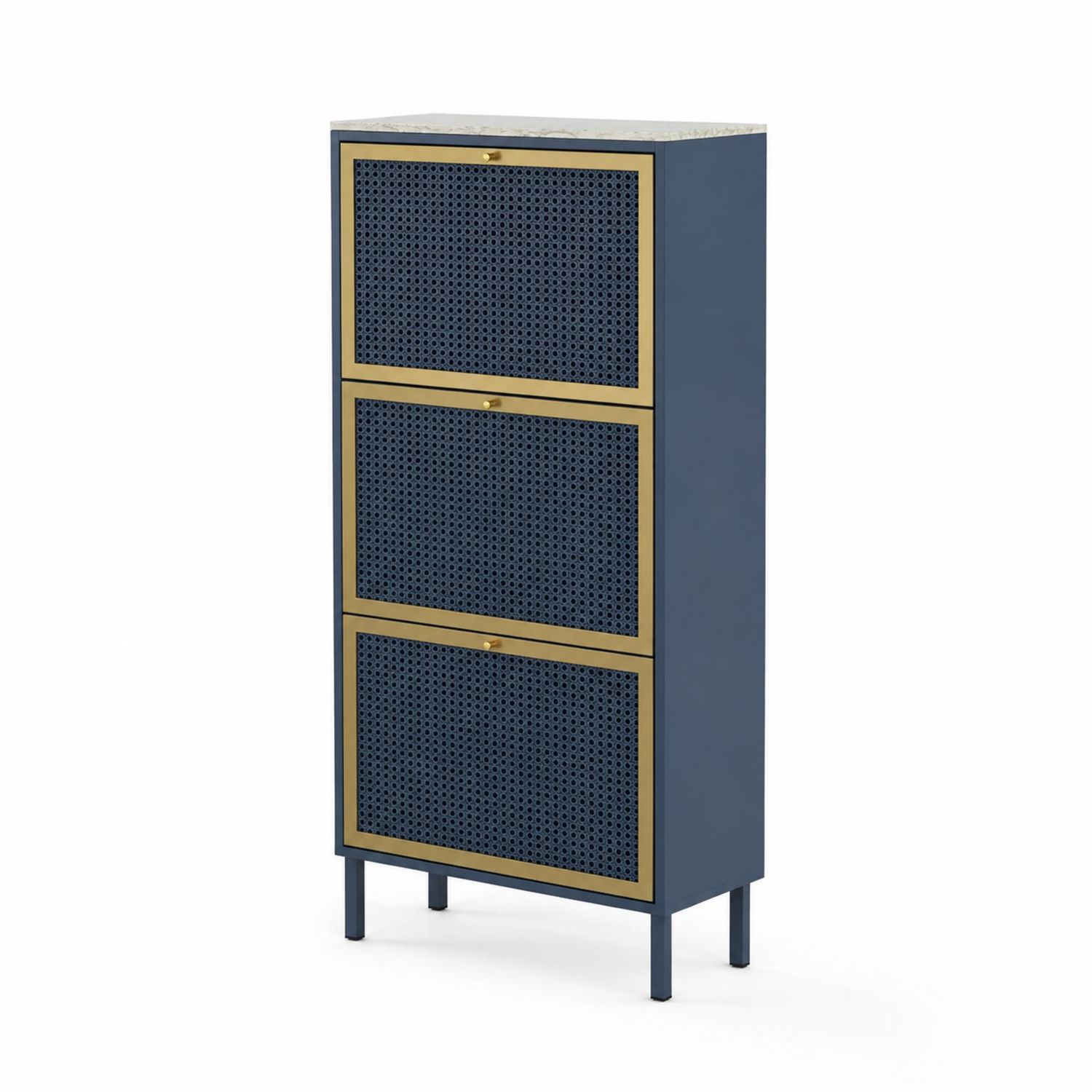 Metall Schuhschrank mit 3 Klappen, Blau/Gold, 120x50x30cm-lorvern