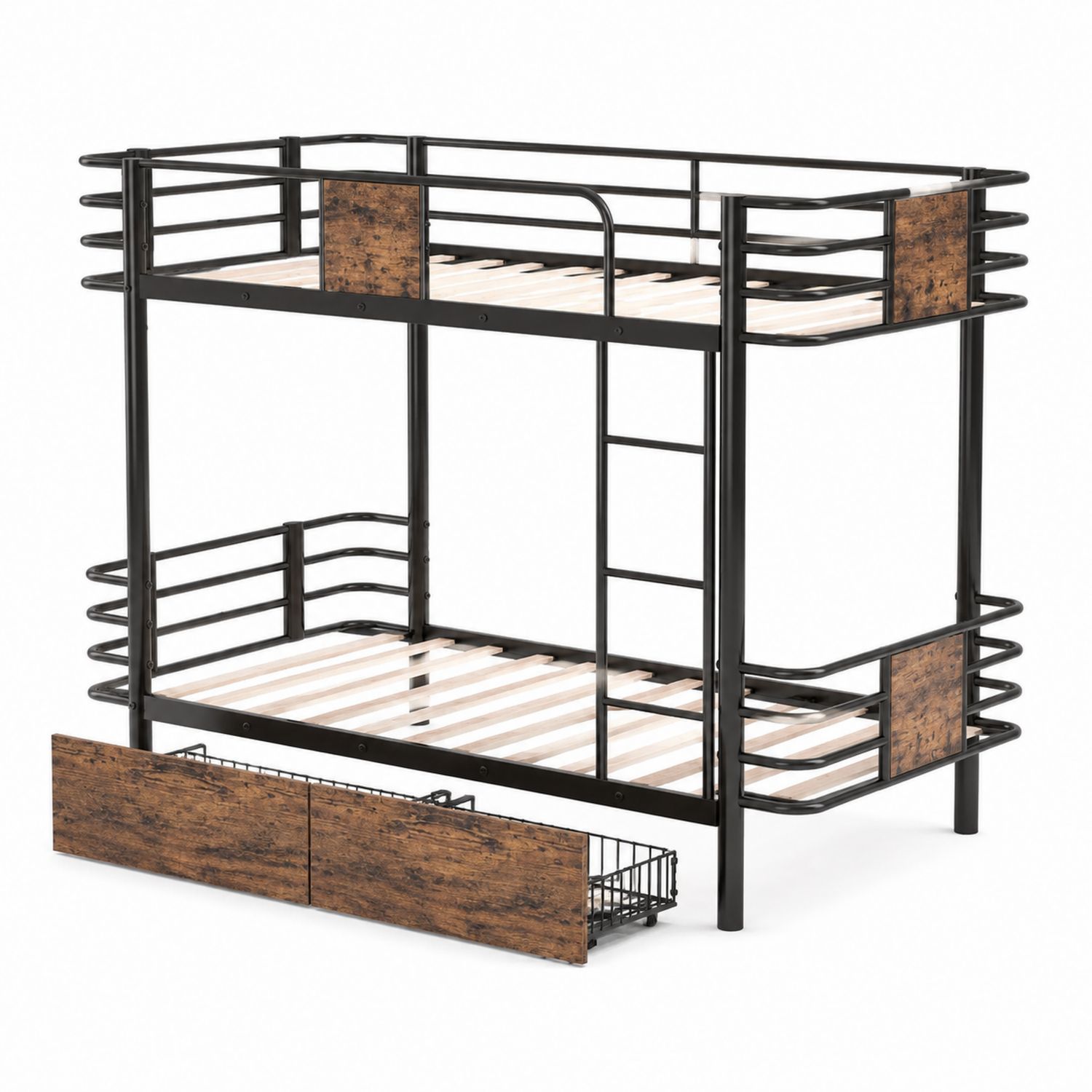 Metall-Etagenbett mit MDF-Holzdetails und Stauraum 200x90 cm Schwarz/Braun-lorvern