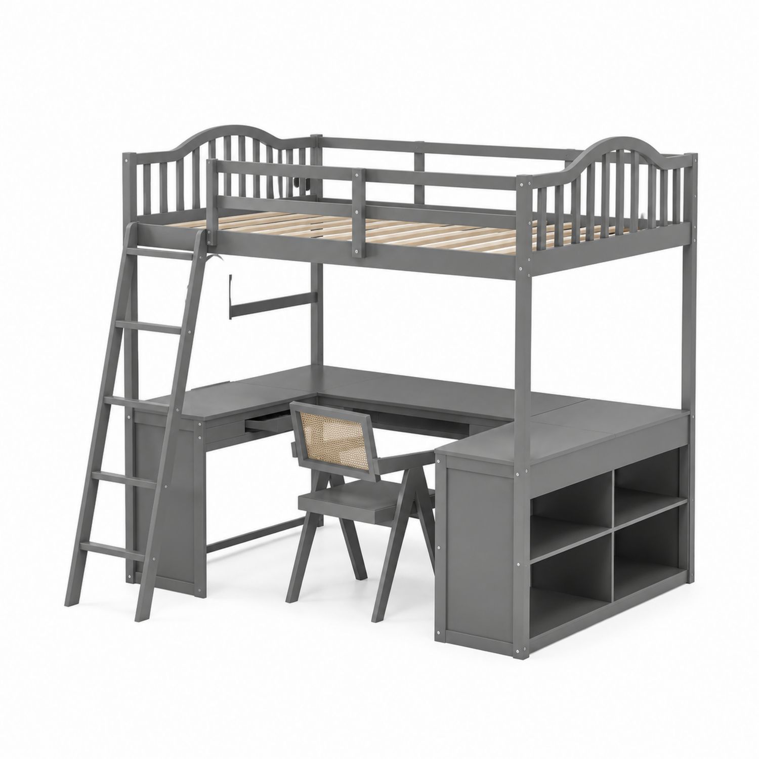 Metall-Hochbett mit Schreibtisch und Regal Grau-lorvern