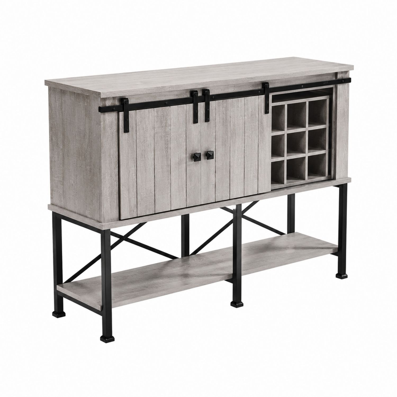 Sideboard mit Schiebetür und Weinregal aus Holz und Metall in Grau-lorvern
