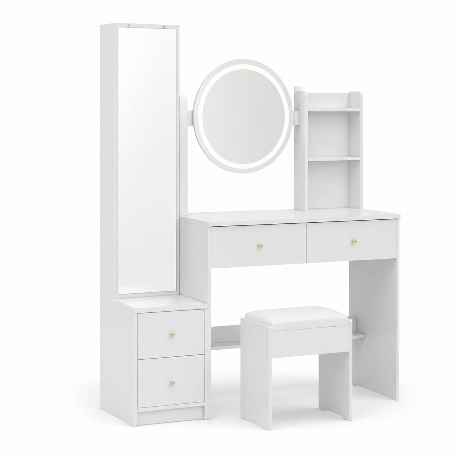 Schminktisch-Set mit rundem LED-Spiegel und Hocker, MDF, Weiß-lorvern