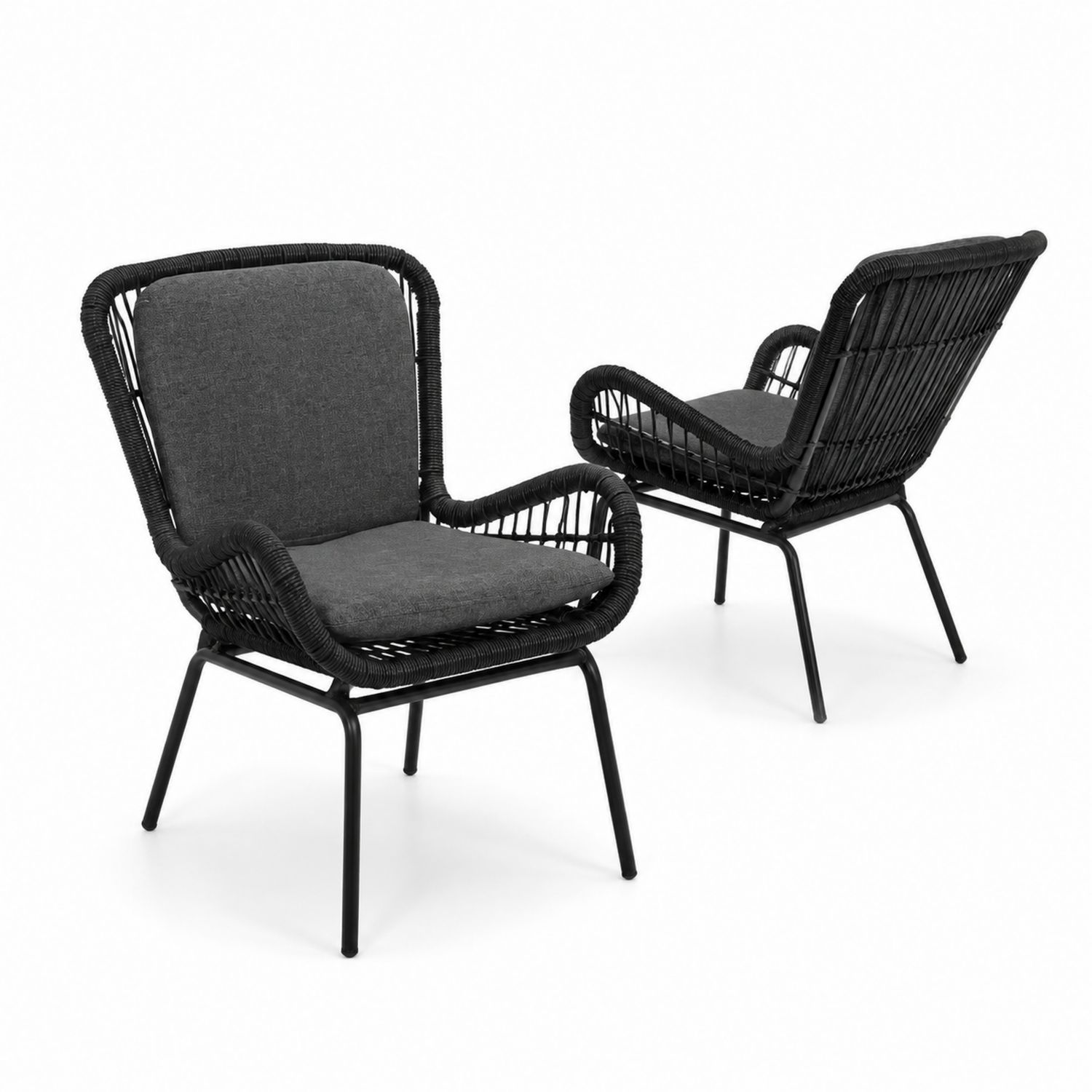 2-teiliges Set aus Rattan- und Metallstühlen mit grauen Kissen-lorvern