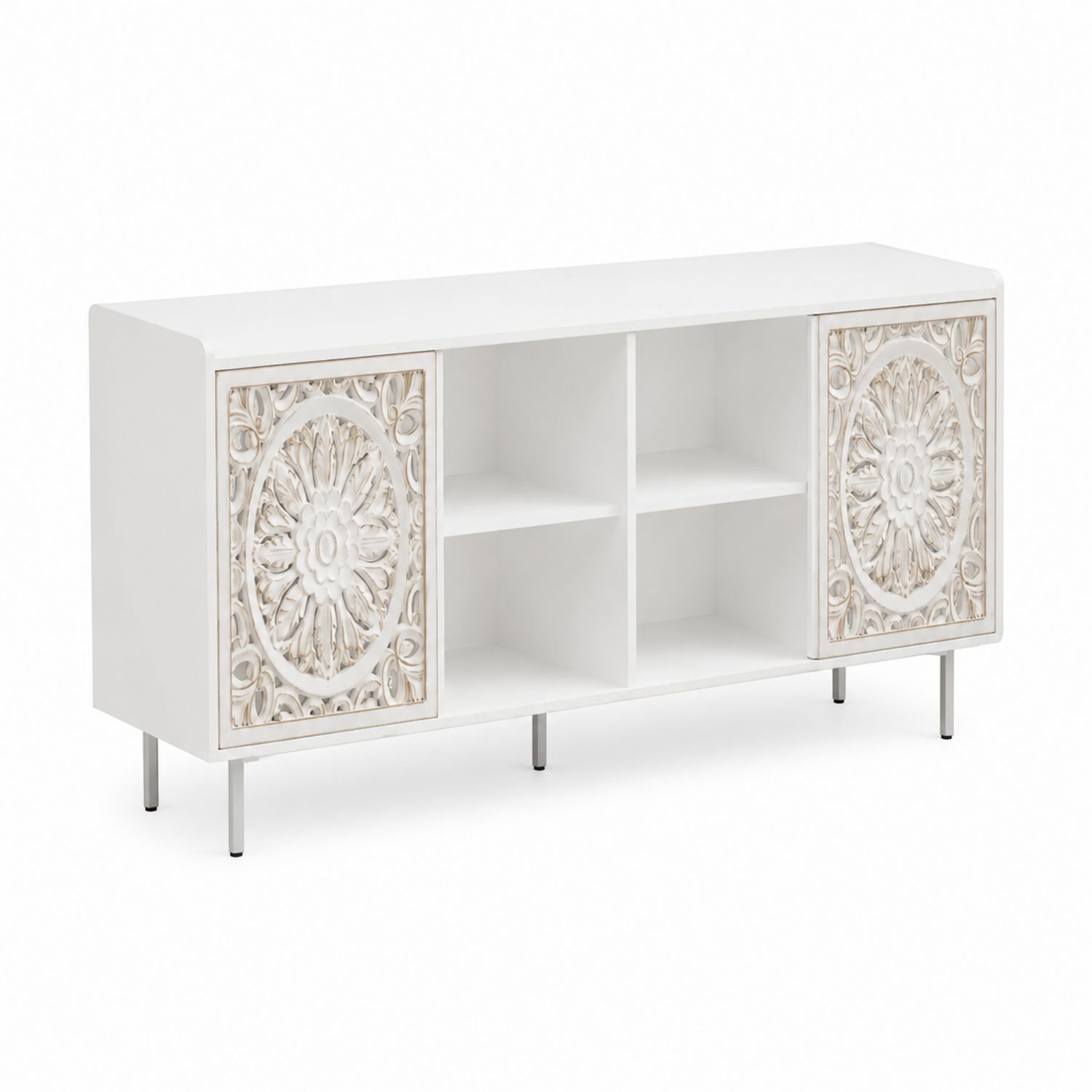 Sideboard mit Schnitzerei Design 140x40x75cm Holz Weiß-lorvern